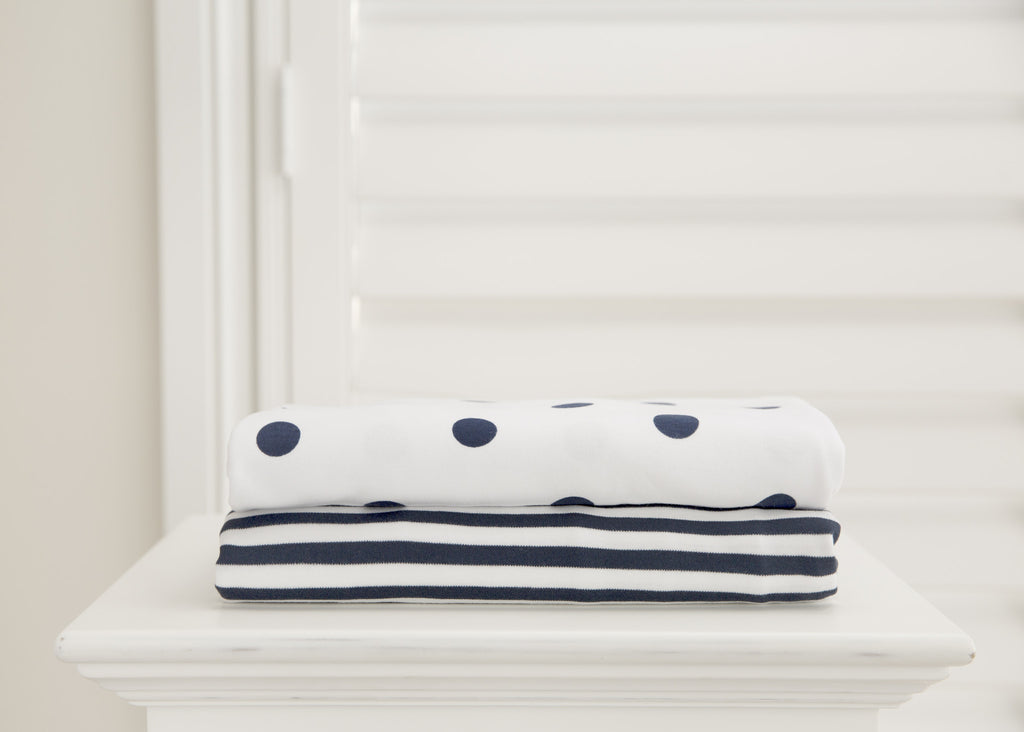 L'il Fraser 2 piece fitted cot sheet set - Navy stripes & Polkadots
