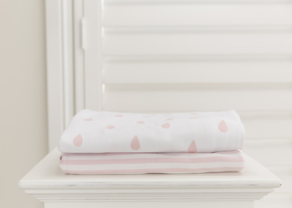 L'il Fraser 2 piece fitted cot sheet set - Vintage Pink stripes & raindrops