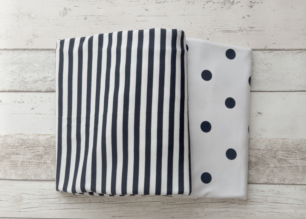 L'il Fraser 2 piece fitted cot sheet set - Navy stripes & Polkadots