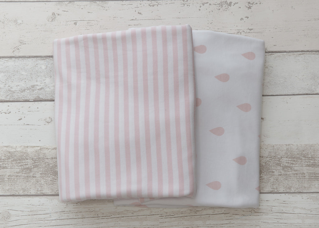 L'il Fraser 2 piece fitted cot sheet set - Vintage Pink stripes & raindrops