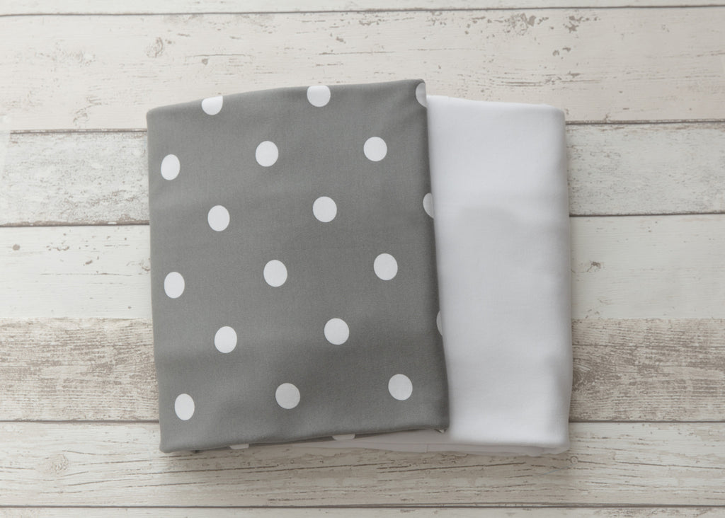 L'il Fraser 2 piece fitted cot sheet set - Grey with White Polkadots & Crisp White
