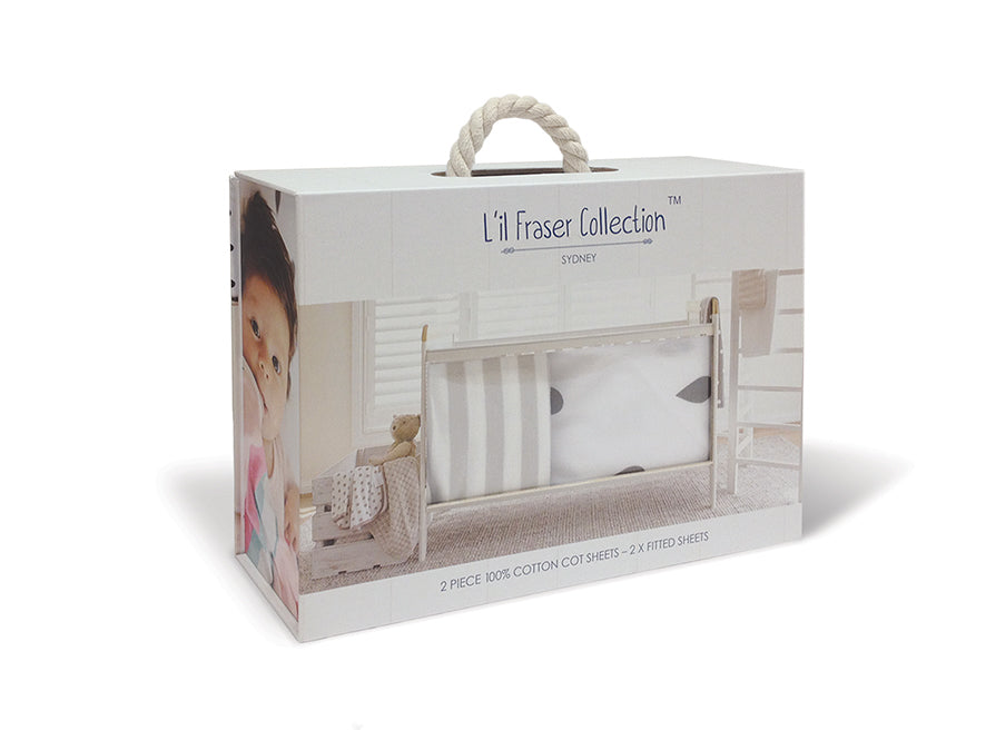 L'il Fraser 2 piece fitted cot sheet set - Grey with White Polkadots & Crisp White